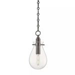 Small pendant light with clear teardrop glass shade and dark metal hardware hanging from a chain