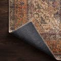 Corner of Loren Plum / Multi Rug flipped to show non-slip black woven backing and stitched edge