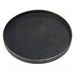 Dark black galvanized round tray with subtle brass rim and low sides