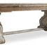 Rectangular trestle dining table with ornate vintage white base and natural wood tabletop with two 22-inch leaves