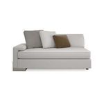 Neutral-toned sectional sofa with wide shelf-arm and three cushions, one brown and two textured light gray