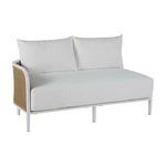 Havana Left Arm Facing Sofa with white cushions and woven rattan detail on left arm, supported by white metal legs