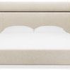 Front view highlighting symmetrical upholstery panels and walnut trim on Eleana bed