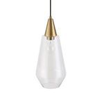 clear glass shade pendant with visible bulb hanging from brass canopy with black cord