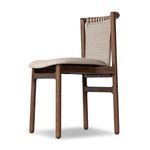 Three-quarter rear angle displaying leather strap detail on backrest and chair’s clean linear wood frame