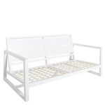 White aluminum loveseat frame without cushions showing seat and backrest from left side angle