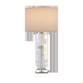 Edelmar White Table Lamp with tapered white marble body, brass ring midsection, optic crystal base, pleated off-white shade