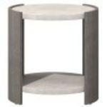 Round Prado side table with Porcini finish curved wood panels and round glass-reinforced concrete top and bottom shelves