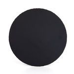 Overhead view showing smooth rubbed black round metal tabletop with slight edge detail