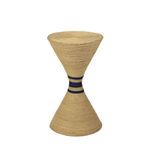 Hourglass-shaped end table wrapped in natural fiber with bold navy stripes around the midsection