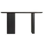 Rear view of console table showing smooth charcoal-back panel legs and edge of oval top