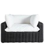 Front view showing full woven base with thick white seat and side cushions