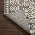 Backside corner flipped up revealing the tightly woven rug backing and edge stitching on dark wood floor