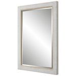 Perspective view of the mirror showing thickness and textured whitewashed rattan frame