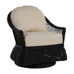 Soho woven swivel glider outdoor accent chair with black resin wicker and beige cushions