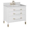 36-inch white bathroom vanity with white Carrara marble top and rectangular undermount sink, gold handles and leg ferrules