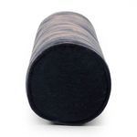 Round end of navy bolster pillow viewed from slightly above showing plush velvet