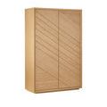 Angled three-quarter view of closed storage cabinet highlighting chamfered edges and wood texture