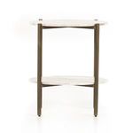 Front view highlighting the oval shape of taupe marble shelves and slender iron legs