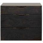 Rustic dark oak Drift Side Table with three drawers, steel top, and brass drawer pulls