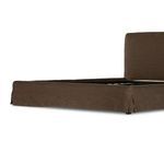 Front view of queen bed frame with brown linen slipcover, no mattress, showing wooden slats