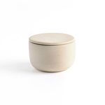 Single cream matte salt jar centered on white background