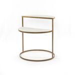 Bonnell Nightstand with polished white marble semi-circle shelves on slim antique brass iron frame