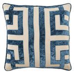 Square pillow with blue velvet Greek key geometric pattern on beige linen, piped edges, and applique embroidery