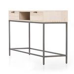 Angled rear side view detailing metal frame support and back of wooden drawers