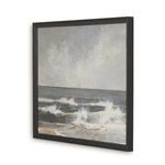 Side angled view showing the depth and black frame texture surrounding ocean wave painting