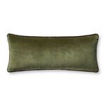 Olive green velvet elongated throw pillow with brown piped edges measuring 13 by 35 inches