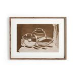 Minimalist two-tone still life painting of vessels in muted brown and cream tones, framed in wood