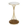 Small round variation with circular white marble top and gold base with converging supports