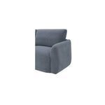 Close-up of sofa's right arm and back cushion junction in blue-grey fabric