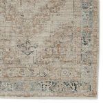 Corner detail highlighting subtle distressed pattern and color variations on taupe and blue border