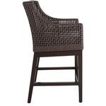 Side view of Peninsula Mahogany Counter Stool showing rattan weaving on armrest
