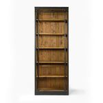 Back view of Ivy Bookcase showing reclaimed pine back paneling and iron supports within the black frame
