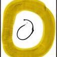 Abstract painting with a vibrant yellow circular brushstroke and a black oval shape in the center, set against a white bac...