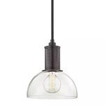 Halcyon 1 Light Pendant with clear dome glass shade and black diamond-perforated metal fitter above vintage filament bulb