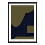 Abstract framed print in vintage olive and navy tones, black pine frame with tempered glass