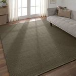 Gray rug styled in a well-lit living room beside a light gray sofa and hardwood floor