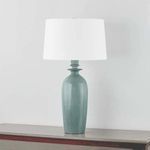 Bellmawr Table Lamp with slender speckled blue ceramic base, two wide flanges at neck, and wide white drum shade