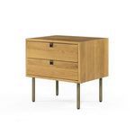 Straight-on back view highlighting oak panels and brass legs on natural finish nightstand