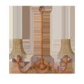 Double arm chandelier with natural woven shades angled slightly downward on each arm