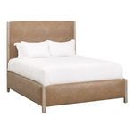 Emmett Bed showing angled front and side view with tan upholstery and white bedding