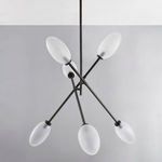 Five-light chandelier with frosted oval glass shades and black brass frame, unlit, viewed from below