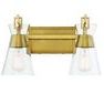 Lakewood 2 light bath vanity with clear conical glass shades and warm brass angular shepherd’s hook frame