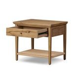 Nightstand with drawer open revealing interior space and metal drawer slides