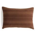 Rectangular handwoven pillow with brown and tan repeating check and stripe Bhujodi-inspired pattern