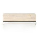 Front view of light poplar trunk with metal legs and toffee leather pulls, matching first image angle